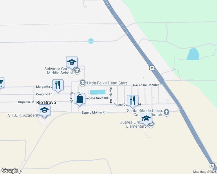 map of restaurants, bars, coffee shops, grocery stores, and more near 504 Rio Nilo in Laredo