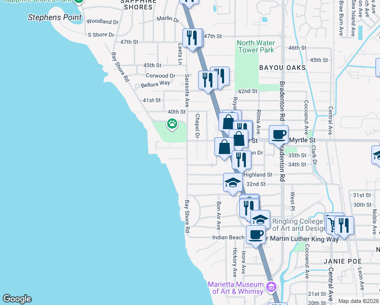 map of restaurants, bars, coffee shops, grocery stores, and more near 771 Indian Beach Circle in Sarasota