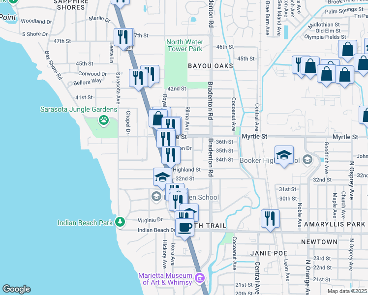 map of restaurants, bars, coffee shops, grocery stores, and more near 1074 Colleton Drive in Sarasota