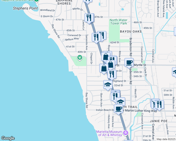 map of restaurants, bars, coffee shops, grocery stores, and more near 771 Indian Beach Circle in Sarasota