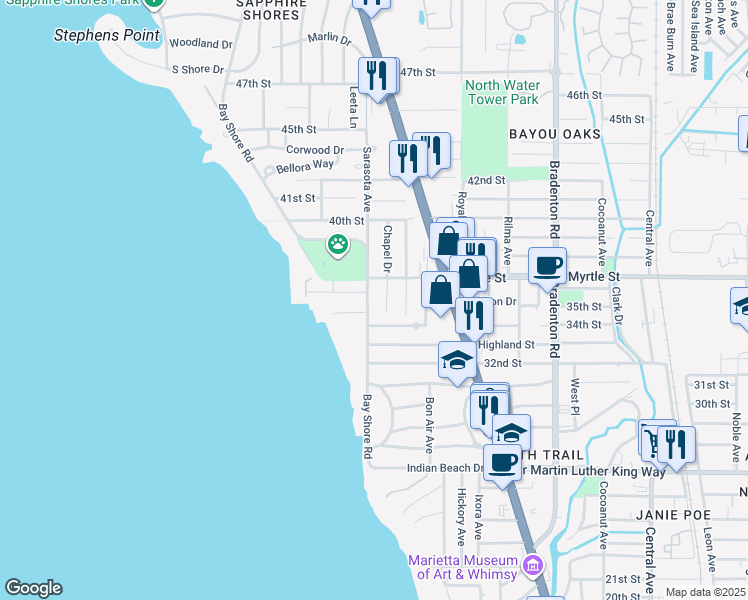 map of restaurants, bars, coffee shops, grocery stores, and more near 771 Indian Beach Circle in Sarasota
