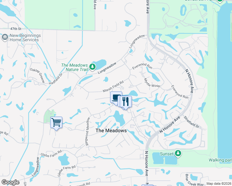 map of restaurants, bars, coffee shops, grocery stores, and more near 3534 Marsh Field Road in Sarasota