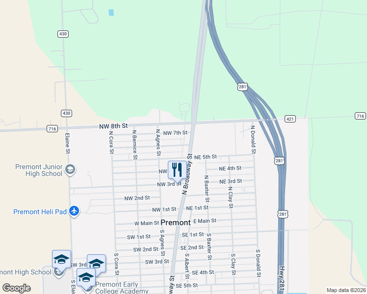 map of restaurants, bars, coffee shops, grocery stores, and more near 123 West 6th Street in Alice