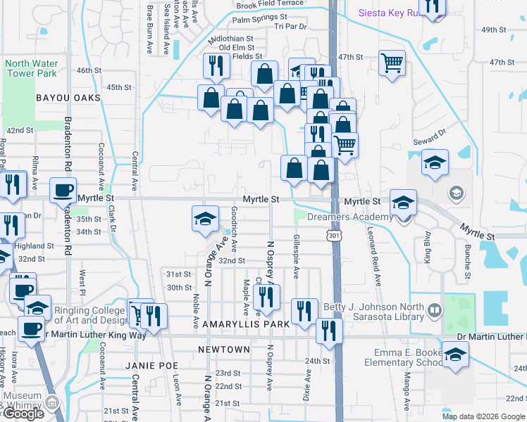 map of restaurants, bars, coffee shops, grocery stores, and more near in Sarasota