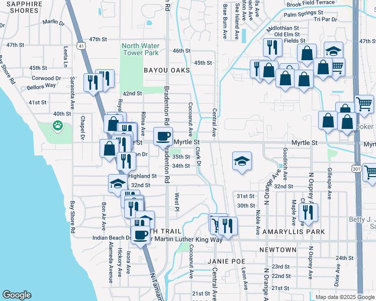 map of restaurants, bars, coffee shops, grocery stores, and more near 1274 36th Street in Sarasota