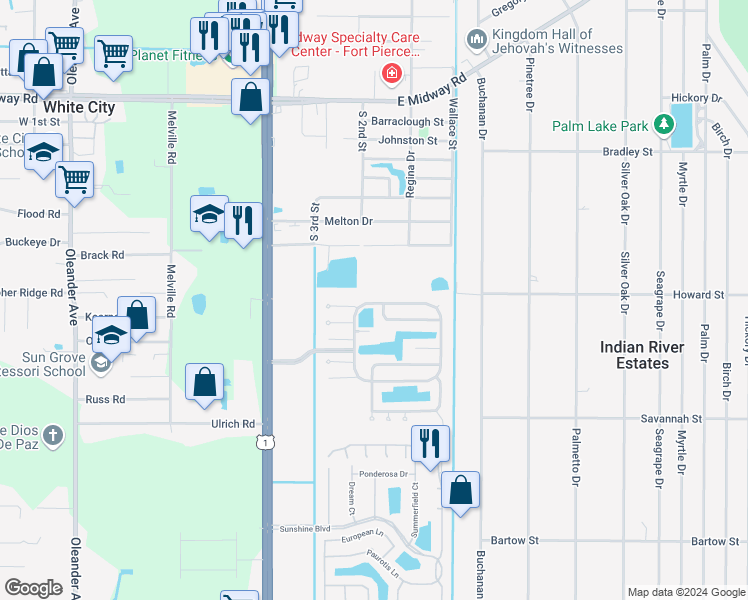map of restaurants, bars, coffee shops, grocery stores, and more near 255 Old Key West Place in Fort Pierce