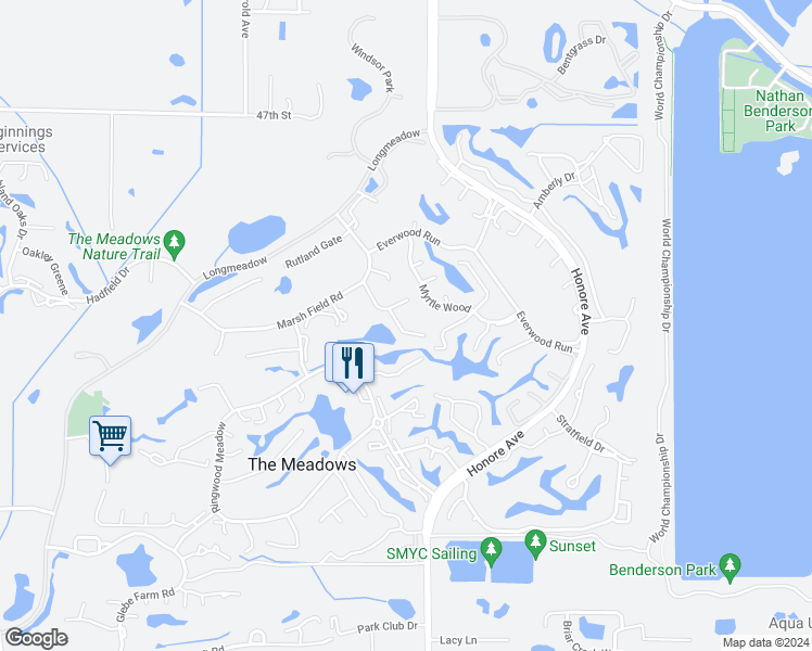 map of restaurants, bars, coffee shops, grocery stores, and more near 5240 Wedgewood Lane in Sarasota