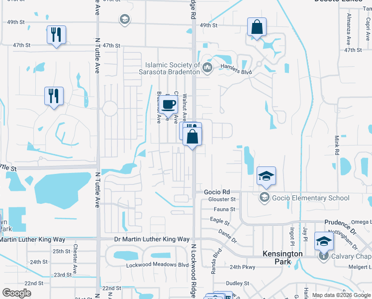 map of restaurants, bars, coffee shops, grocery stores, and more near 3489 North Lockwood Ridge Road in Sarasota