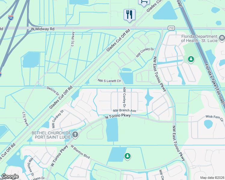 map of restaurants, bars, coffee shops, grocery stores, and more near 5450 Crooked Street in Port St. Lucie