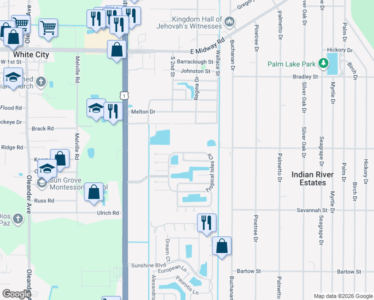 map of restaurants, bars, coffee shops, grocery stores, and more near 328 Tropical Isles Circle in Fort Pierce