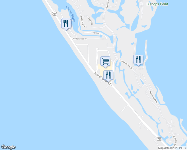 map of restaurants, bars, coffee shops, grocery stores, and more near 2729 Gulf of Mexico Drive in Longboat Key