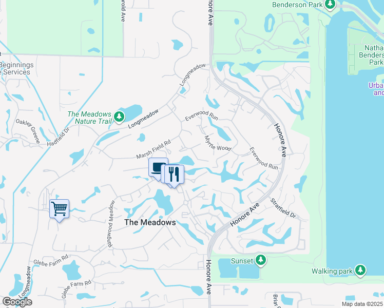 map of restaurants, bars, coffee shops, grocery stores, and more near 5225 Marsh Field Lane in Sarasota