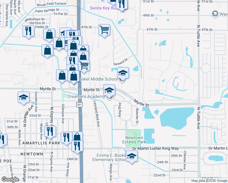 map of restaurants, bars, coffee shops, grocery stores, and more near 2250 Myrtle Street in Sarasota