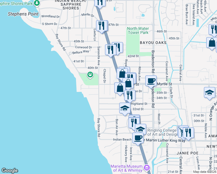 map of restaurants, bars, coffee shops, grocery stores, and more near 3722 Chapel Drive in Sarasota