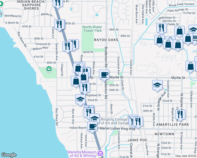 map of restaurants, bars, coffee shops, grocery stores, and more near 1143 Myrtle Street in Sarasota