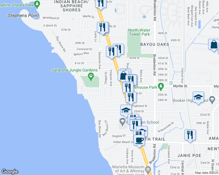 map of restaurants, bars, coffee shops, grocery stores, and more near 3722 Chapel Drive in Sarasota