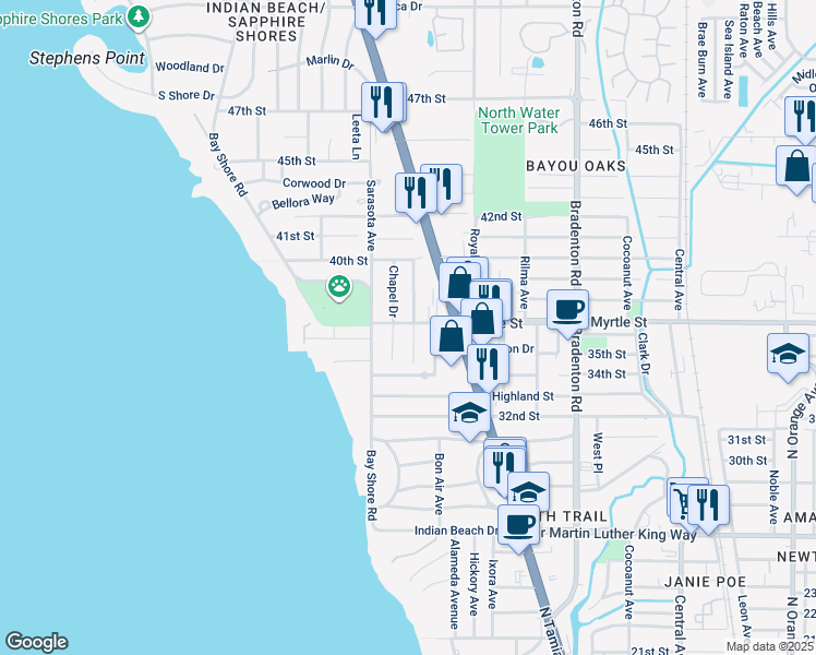 map of restaurants, bars, coffee shops, grocery stores, and more near 3722 Chapel Drive in Sarasota