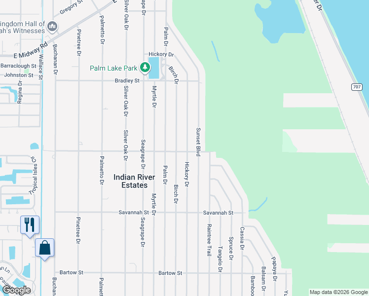 map of restaurants, bars, coffee shops, grocery stores, and more near 5313 Hickory Drive in Fort Pierce