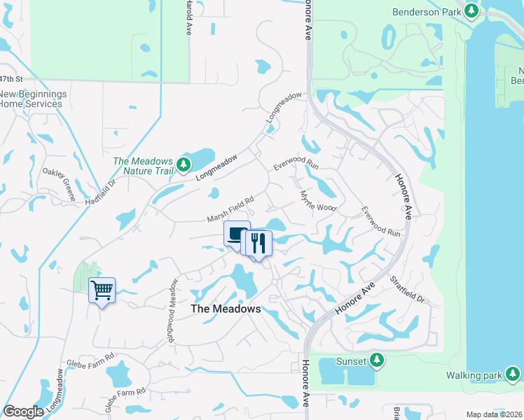 map of restaurants, bars, coffee shops, grocery stores, and more near 5026 Marsh Field Road in Sarasota