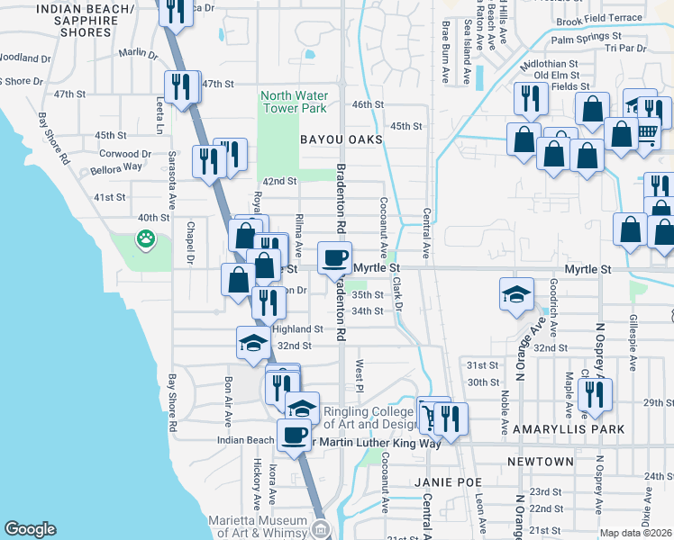 map of restaurants, bars, coffee shops, grocery stores, and more near 3706 Bradenton Road in Sarasota