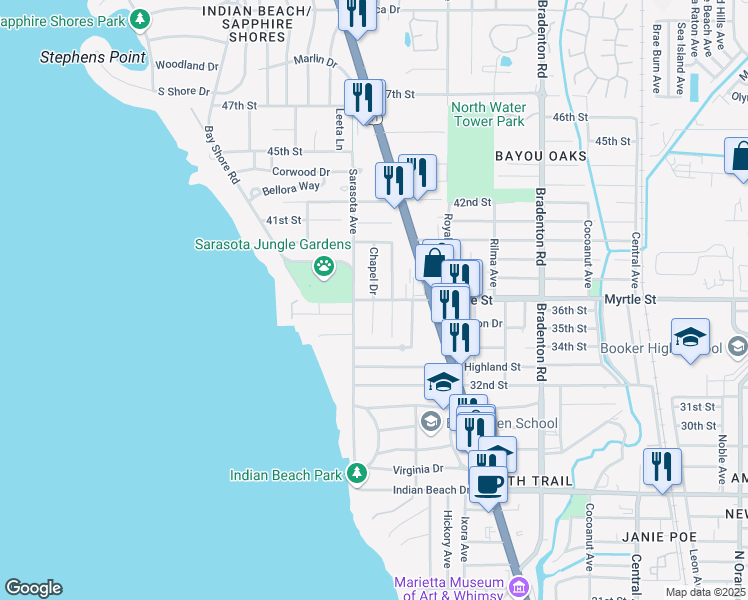 map of restaurants, bars, coffee shops, grocery stores, and more near Myrtle St & Chapel Dr in Sarasota