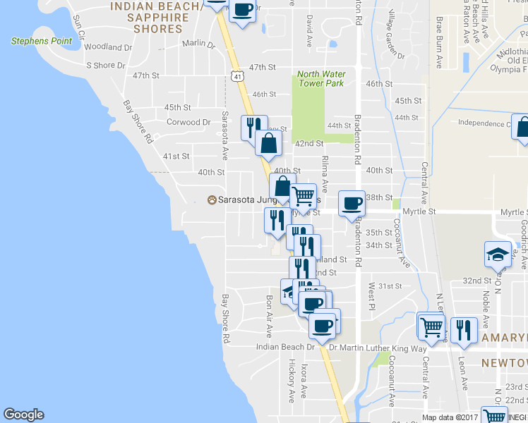 map of restaurants, bars, coffee shops, grocery stores, and more near 929 Myrtle Street in Sarasota