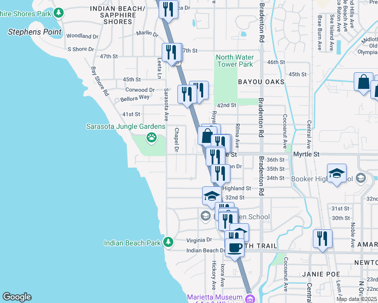map of restaurants, bars, coffee shops, grocery stores, and more near 929 Myrtle Street in Sarasota