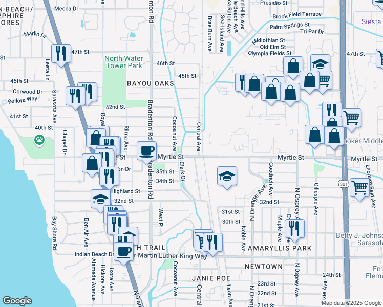 map of restaurants, bars, coffee shops, grocery stores, and more near 1333 Myrtle Street in Sarasota