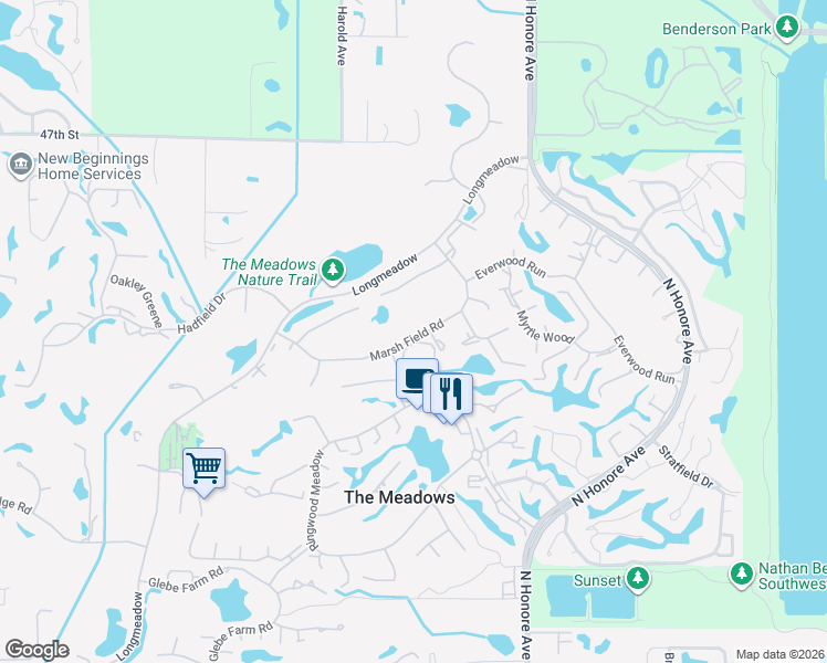 map of restaurants, bars, coffee shops, grocery stores, and more near 5011 Marsh Field Road in Sarasota