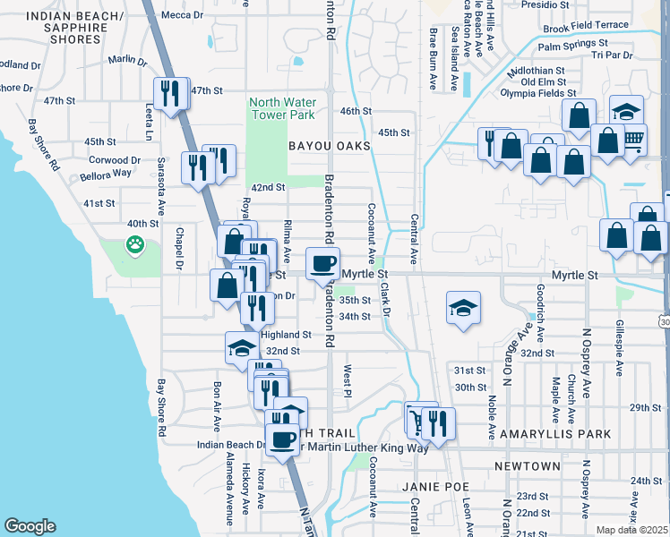 map of restaurants, bars, coffee shops, grocery stores, and more near 3706 Bradenton Road in Sarasota