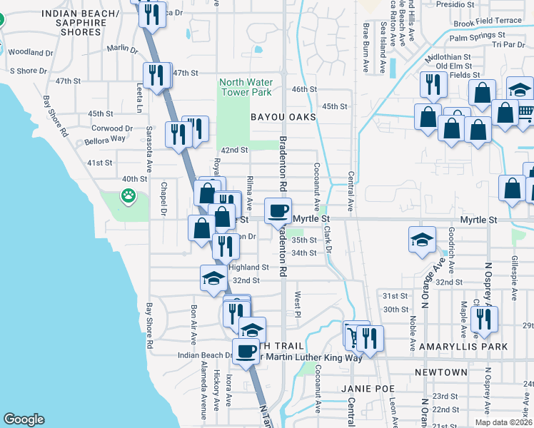map of restaurants, bars, coffee shops, grocery stores, and more near 1143 Myrtle Street in Sarasota