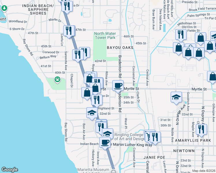 map of restaurants, bars, coffee shops, grocery stores, and more near 1051 Myrtle Street in Sarasota