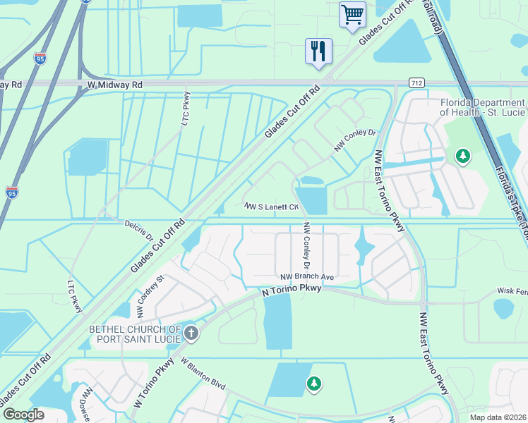 map of restaurants, bars, coffee shops, grocery stores, and more near 5314 Northwest South Lanett Circle in Port St. Lucie