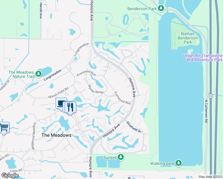 map of restaurants, bars, coffee shops, grocery stores, and more near 5370 Everwood Run in Sarasota