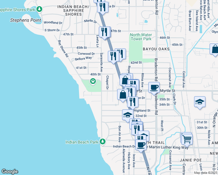 map of restaurants, bars, coffee shops, grocery stores, and more near 3722 Chapel Drive in Sarasota