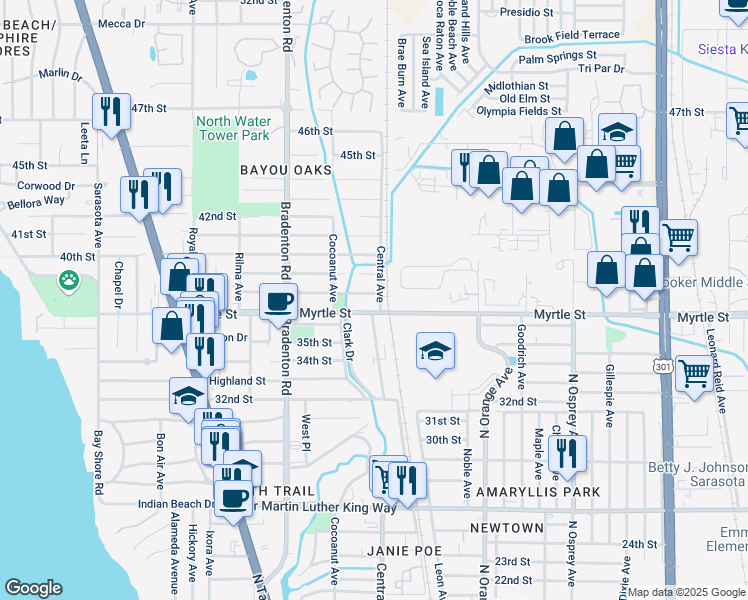 map of restaurants, bars, coffee shops, grocery stores, and more near 1333 Myrtle Street in Sarasota