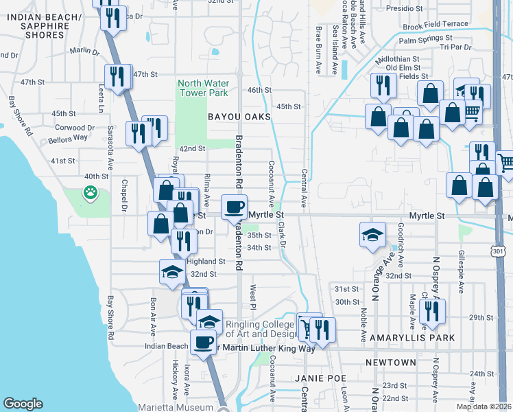 map of restaurants, bars, coffee shops, grocery stores, and more near 3706 Bradenton Road in Sarasota