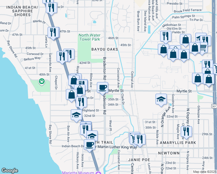 map of restaurants, bars, coffee shops, grocery stores, and more near 3706 Bradenton Road in Sarasota