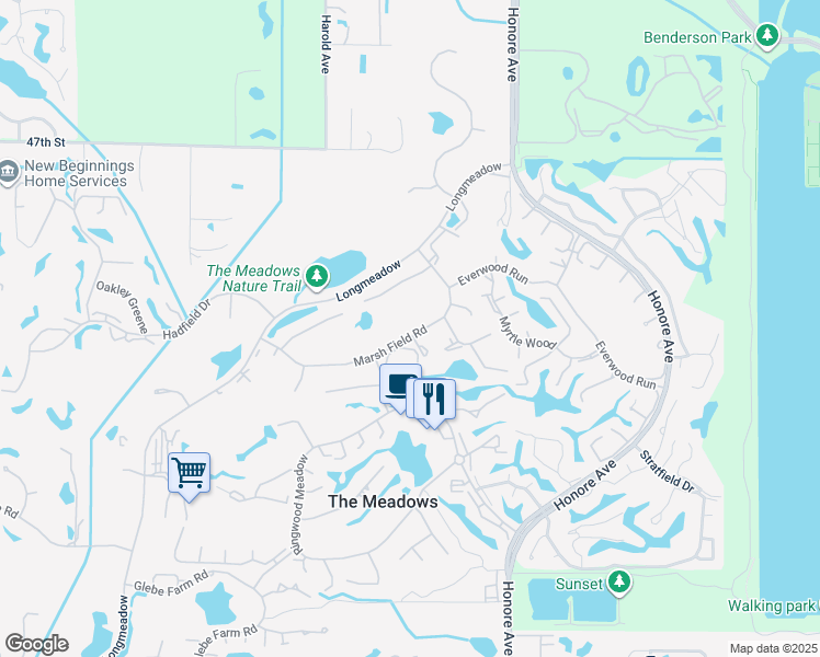 map of restaurants, bars, coffee shops, grocery stores, and more near 5025 Marsh Field Road in Sarasota