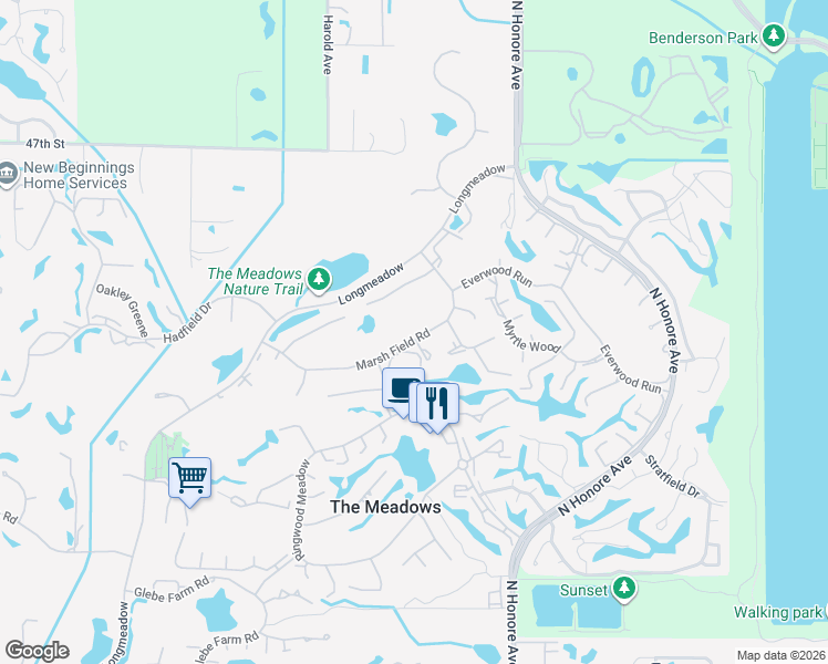 map of restaurants, bars, coffee shops, grocery stores, and more near 5011 Marsh Field Road in Sarasota