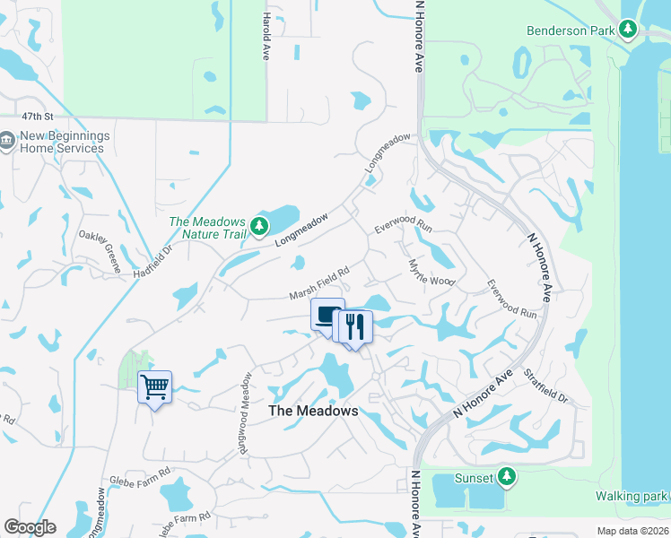 map of restaurants, bars, coffee shops, grocery stores, and more near 5011 Marsh Field Road in Sarasota