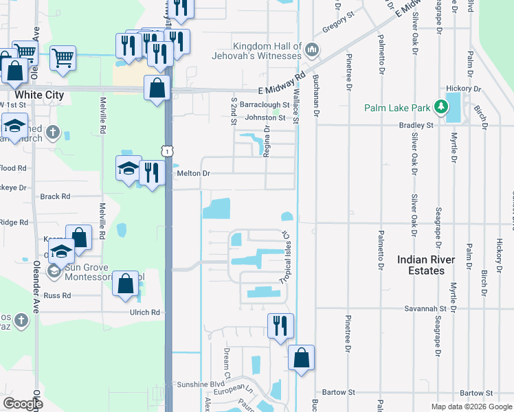 map of restaurants, bars, coffee shops, grocery stores, and more near 328 Tropical Isles Circle in Fort Pierce