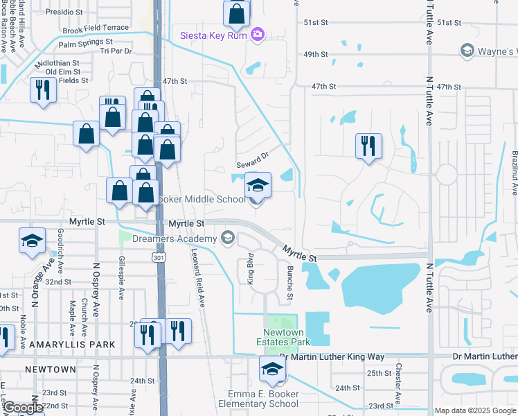 map of restaurants, bars, coffee shops, grocery stores, and more near 2250 Myrtle Street in Sarasota