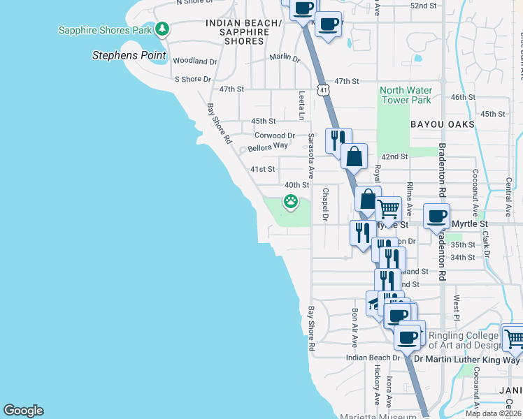 map of restaurants, bars, coffee shops, grocery stores, and more near 3825 Indian Beach Place in Sarasota