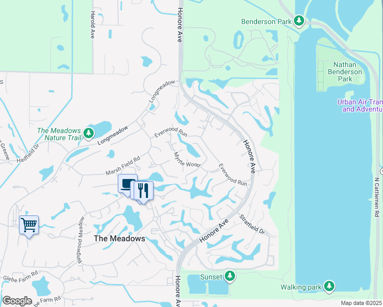map of restaurants, bars, coffee shops, grocery stores, and more near 5423 Myrtle Wood in Sarasota