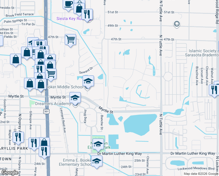 map of restaurants, bars, coffee shops, grocery stores, and more near 1434 Grantham Drive in Sarasota