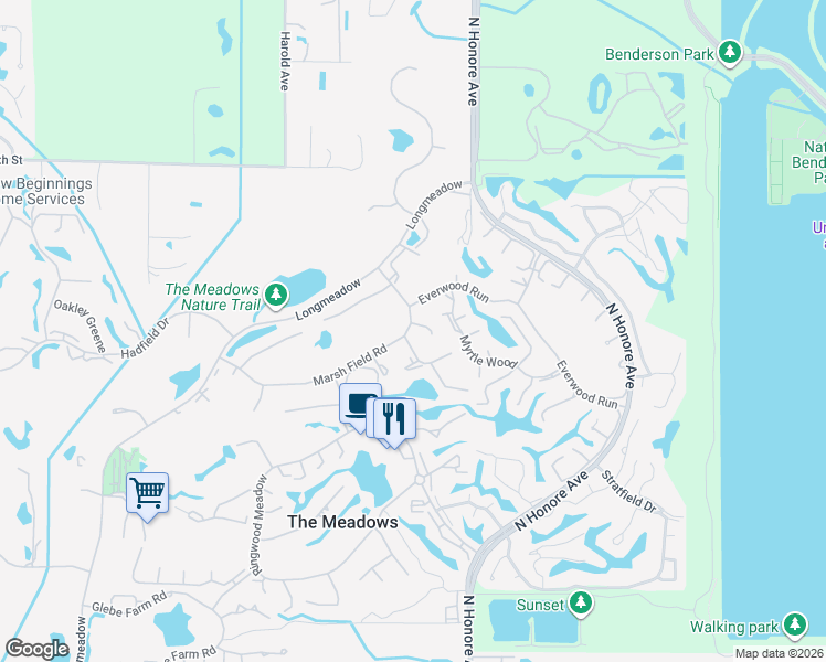 map of restaurants, bars, coffee shops, grocery stores, and more near 5073 Marsh Field Road in Sarasota
