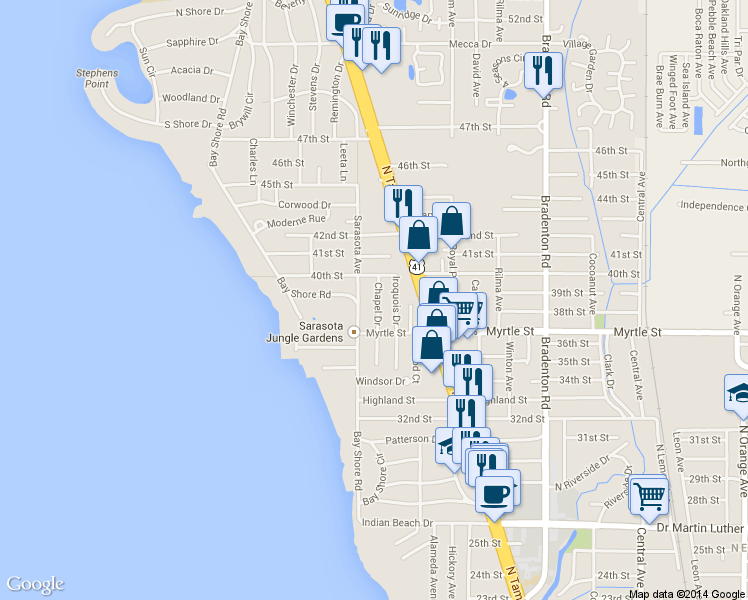 map of restaurants, bars, coffee shops, grocery stores, and more near 3934 Chapel Drive in Sarasota