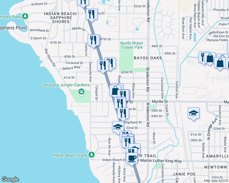 map of restaurants, bars, coffee shops, grocery stores, and more near 3919 Royal Palm Avenue in Sarasota