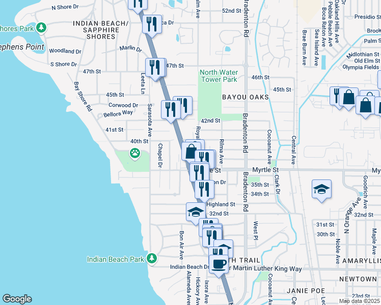 map of restaurants, bars, coffee shops, grocery stores, and more near 3919 Royal Palm Avenue in Sarasota